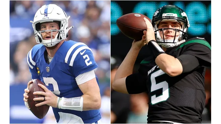 Indianapolis Colts quarterback Carson Wentz (left) and New York Jets quarterback Mike White.