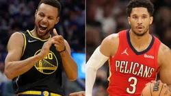 Stephen Curry of the Golden State Warriors (left) and Josh Hart of the New Orleans Pelicans (right)