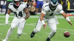 Kenneth Gainwell and Jalen Hurts of the Philadelphia Eagles at the game vs Las Vegas Raiders on October 24