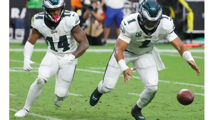 Kenneth Gainwell and Jalen Hurts of the Philadelphia Eagles at the game vs Las Vegas Raiders on October 24