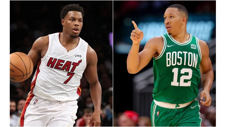 Kyle Lowry of the Miami Heat (left) and Grant Williams of the Boston Celtics (right)