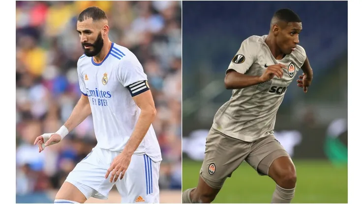 Karim Benzema of Real Madrid (left) and Tete of Shakhtar Donetsk