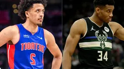 Cade Cunningham of Detroit Pistons (left) and Giannis Antetokounmpo of Milwaukee Bucks