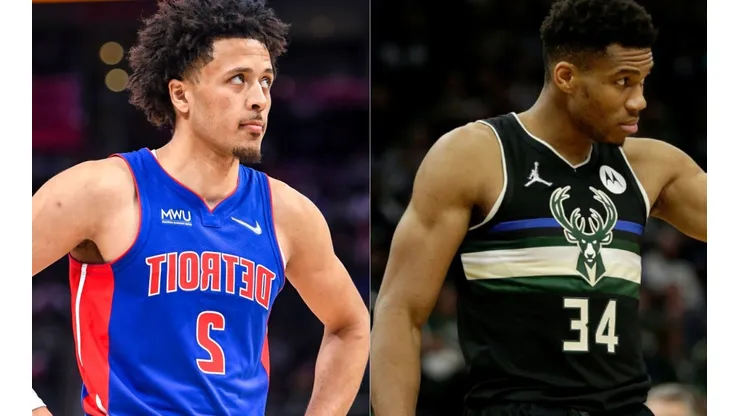 Cade Cunningham of Detroit Pistons (left) and Giannis Antetokounmpo of Milwaukee Bucks