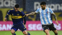 Cristian Pavon of Boca Juniors against Elias Gomez of Argentinos Juniors during a 2021 Argentine League match.