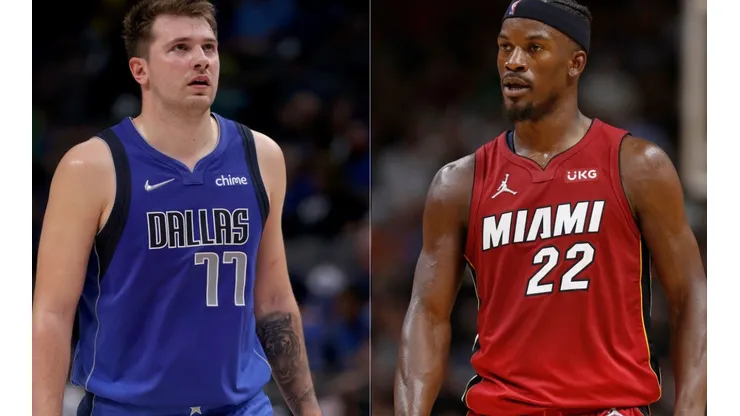 Luka Doncic of Dallas (left) and Jimmy Butler of Miami
