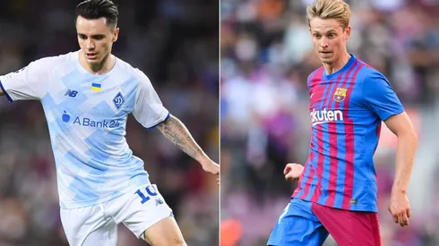 Mykola Shaparenko of FC Dynamo Kyiv (left) and Frenkie De Jong of FC Barcelona