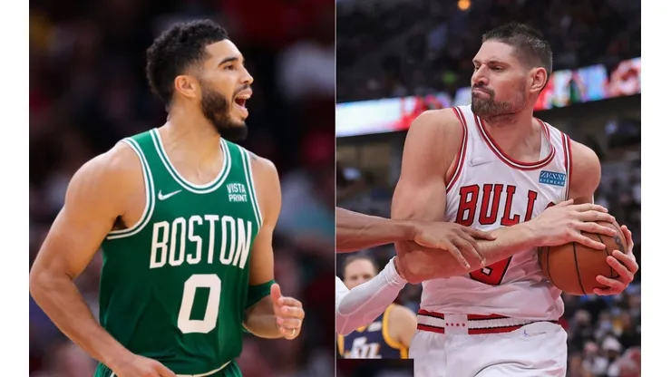 Jayson Tatum of Boston Celtics (left) and Nikola Vucevic of Chicago Bulls
