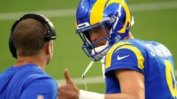 Head Coach Sean McVay (left) and Matthew Stafford of the Rams at the game vs Lios on October 24