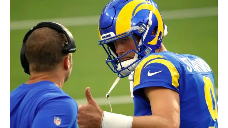 Head Coach Sean McVay (left) and Matthew Stafford of the Rams at the game vs Lios on October 24