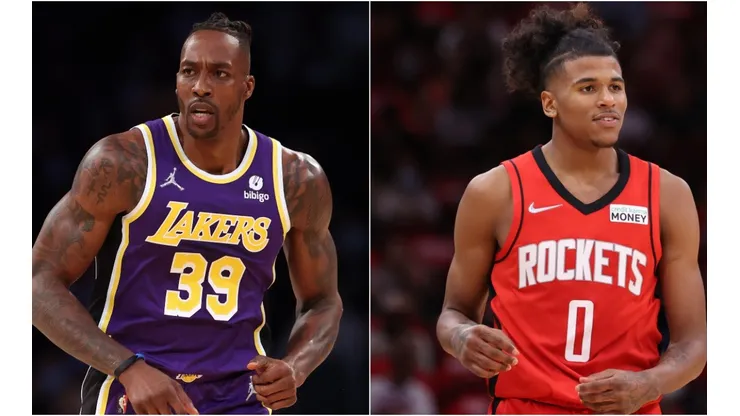 Dwight Howard of the Los Angeles Lakers (left) and Jalen Green of the Houston Rockets (right)