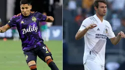 Raul Ruidiaz of Seattle Sounders (left) and Nick DePuy of LA Galaxy (right)