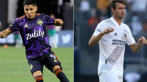 Raul Ruidiaz of Seattle Sounders (left) and Nick DePuy of LA Galaxy (right)