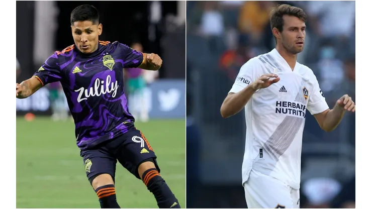 Raul Ruidiaz of Seattle Sounders (left) and Nick DePuy of LA Galaxy (right)