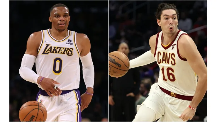 Russell Westbrook of the Los Angeles Lakers (left) and Cedi Osman of the Cleveland Cavaliers (right)