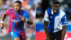 Memphis Depay of Barcelona (left) and Mamadou Loum of Alaves.