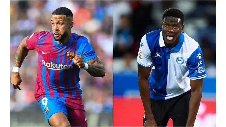 Memphis Depay of Barcelona (left) and Mamadou Loum of Alaves.