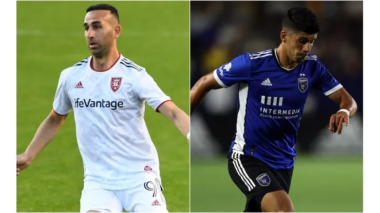 Justin Meram of Real Salt Lake (left) and Luciano Abecasis of San Jose Earthquakes (right)