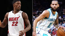Jimmy Butler of the Miami Heat (left) and Cody Martin of the Charlotte Hornets (right)