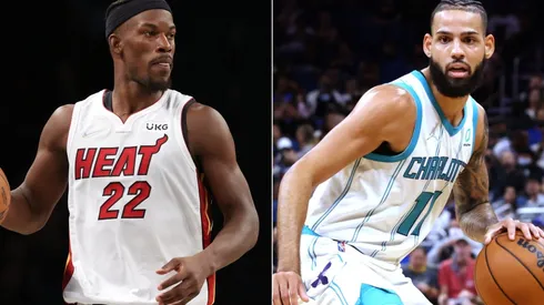 Jimmy Butler of the Miami Heat (left) and Cody Martin of the Charlotte Hornets (right)