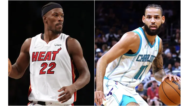 Jimmy Butler of the Miami Heat (left) and Cody Martin of the Charlotte Hornets (right)