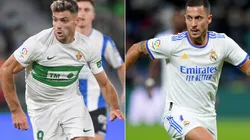 Lucas Boye of Elche (left) and Eden Hazard of Real Madrid (right)