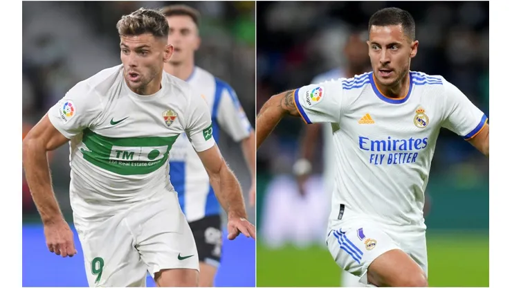 Lucas Boye of Elche (left) and Eden Hazard of Real Madrid (right)