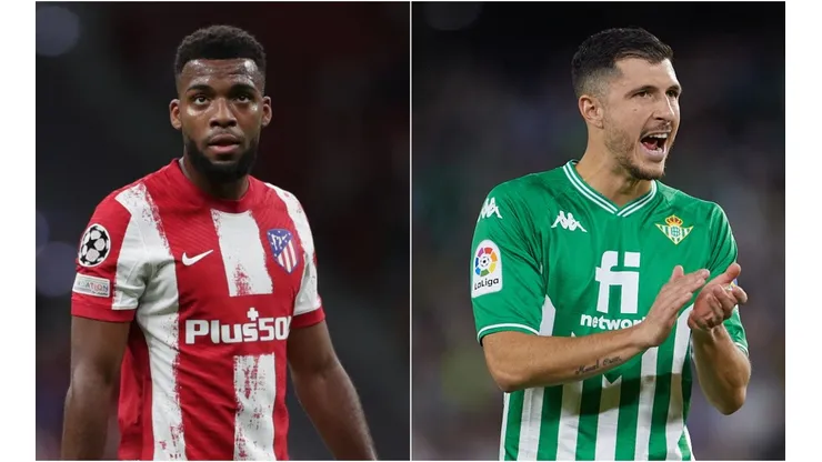 Thomas Lemar of Atletico Madrid (left) and Guido Rodriguez of Real Betis (right)