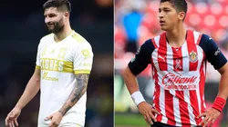 Andre Pierre Gignac of Tigres (left) and Angel Saldívar of Chivas (right)
