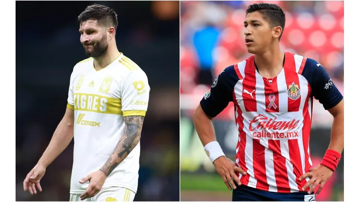Andre Pierre Gignac of Tigres (left) and Angel Saldívar of Chivas (right)