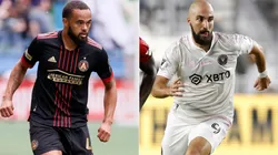 Anton Walkes of Atlanta United (left) and Gonzalo Higuain of Inter Miami