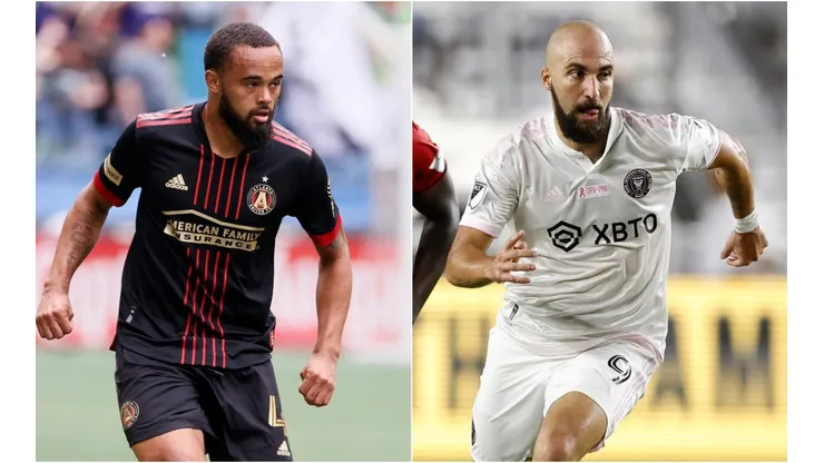 Anton Walkes of Atlanta United (left) and Gonzalo Higuain of Inter Miami