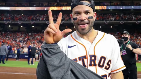 Jose Altuve of the Houston Astros after winning the ALCS vs the Boston Red Sox for the 2021 MLB postseason