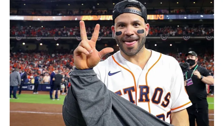 Jose Altuve of the Houston Astros after winning the ALCS vs the Boston Red Sox for the 2021 MLB postseason