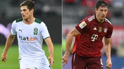 Jonas Hofmann of Moenchengladbach (left) and Robert Lewandowski of Bayern