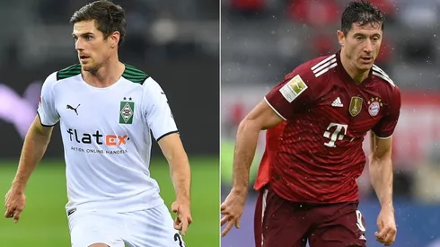 Jonas Hofmann of Moenchengladbach (left) and Robert Lewandowski of Bayern