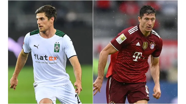 Jonas Hofmann of Moenchengladbach (left) and Robert Lewandowski of Bayern