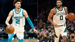 LaMelo Ball of the Hornets (left) and Jayson Tatum of the Celtics