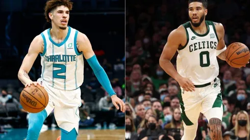 LaMelo Ball of the Hornets (left) and Jayson Tatum of the Celtics