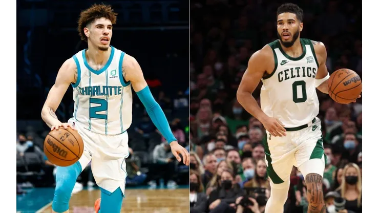 LaMelo Ball of the Hornets (left) and Jayson Tatum of the Celtics