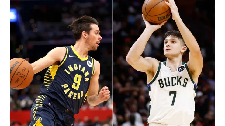 T.J. McConnell of the Pacers (left) and Grayson Allen of the Bucks