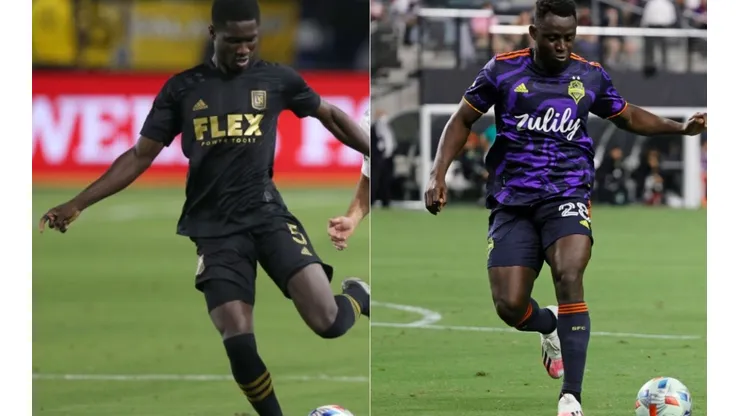 Mamadou Fall of LAFC (left) and Yeimar Gomez Andrade of the Sounders