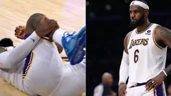 LeBron James grabbing his right leg due to ankle pain (left) during the game against the Grizzlies, but he did play the entire game.