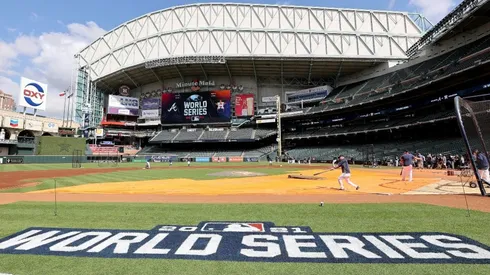The Houston Astros work out during the World Series Workout Day at Minute Maid Park