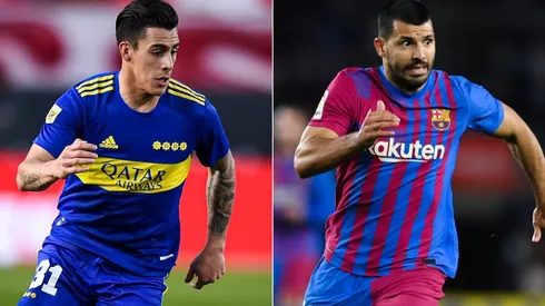 Cristian Pavon of Boca Juniors (left) and Kun Agüero of Barcelona