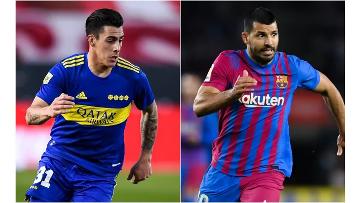 Cristian Pavon of Boca Juniors (left) and Kun Agüero of Barcelona