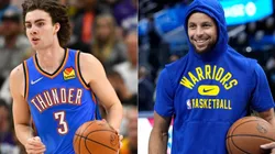 Josh Giddey of the Thunder (left) and Stephen Curry of the Warriors