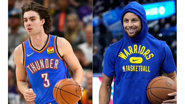 Josh Giddey of the Thunder (left) and Stephen Curry of the Warriors
