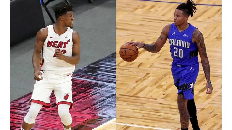 Jimmy Butler of Miami Heat (left) and Markelle Fultz of Orlando Magic