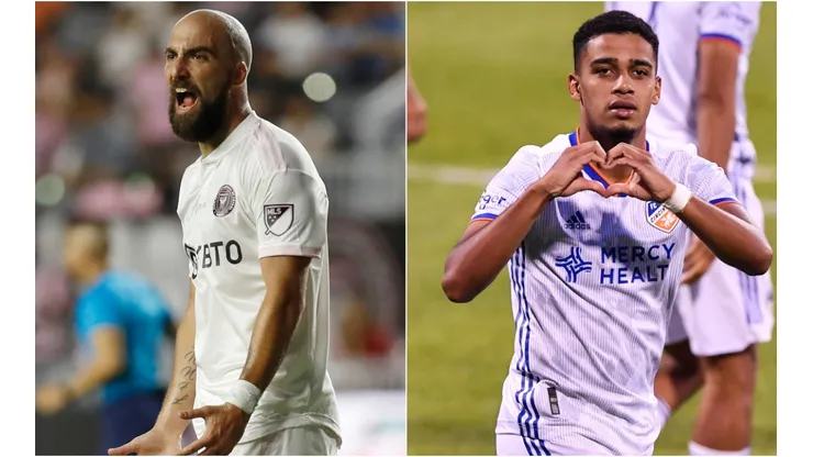 Gonzalo Higuain of Inter Miami (left) and Brenner of FC Cincinnati (right)